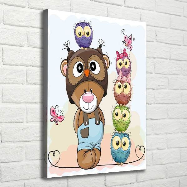 Cuadro canvas decorativo para salón vertical Osito de peluche y búhos