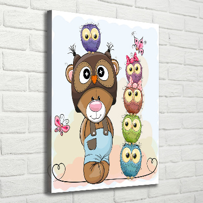 Cuadro canvas decorativo para salón vertical Osito de peluche y búhos
