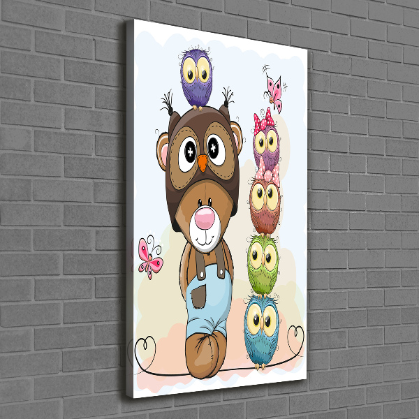 Cuadro canvas decorativo para salón vertical Osito de peluche y búhos