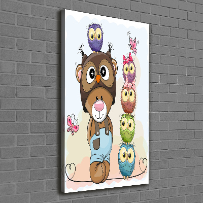 Cuadro canvas decorativo para salón vertical Osito de peluche y búhos