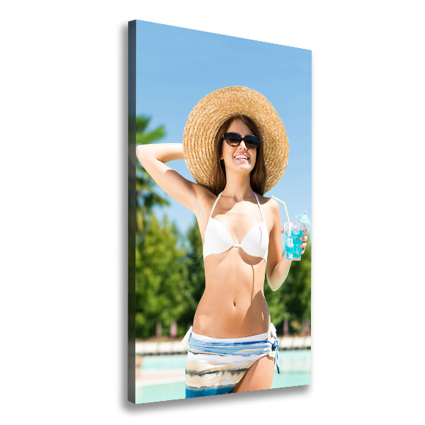 Cuadro canvas decorativo para salón vertical Mujer junto a la piscina