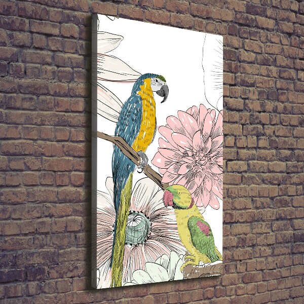 Cuadro canvas decorativo para salón vertical Loros y flores