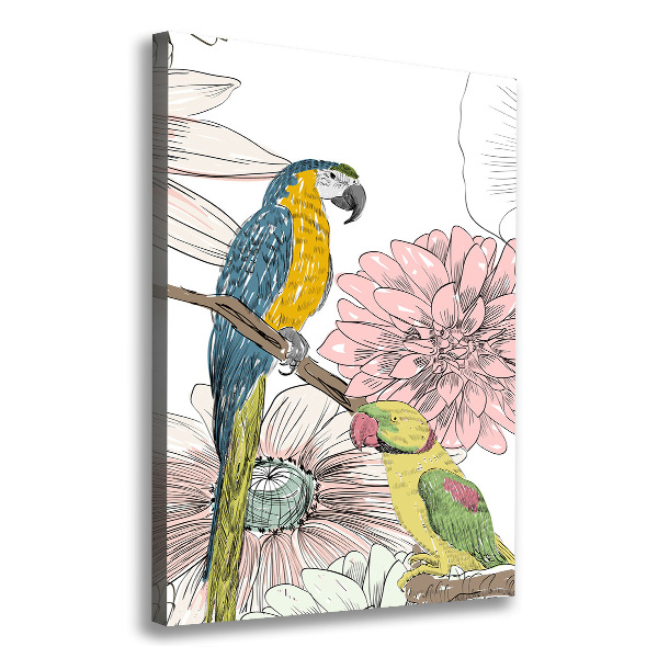 Cuadro canvas decorativo para salón vertical Loros y flores