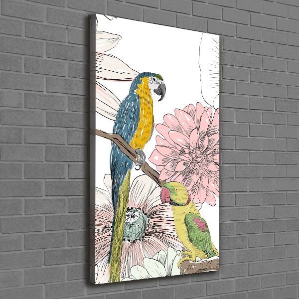 Cuadro canvas decorativo para salón vertical Loros y flores