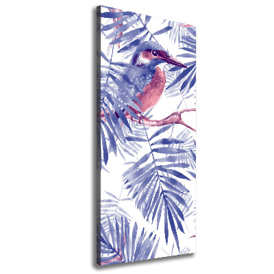 Cuadro canvas decorativo para salón vertical Hojas de palma y un pájaro.