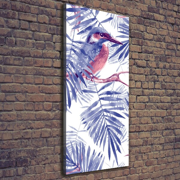 Cuadro canvas decorativo para salón vertical Hojas de palma y un pájaro.