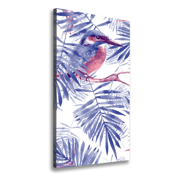 Cuadro canvas decorativo para salón vertical Hojas de palma y un pájaro.