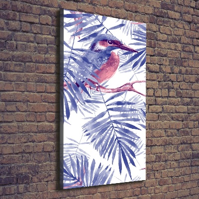 Cuadro canvas decorativo para salón vertical Hojas de palma y un pájaro.