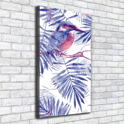 Cuadro canvas decorativo para salón vertical Hojas de palma y un pájaro.