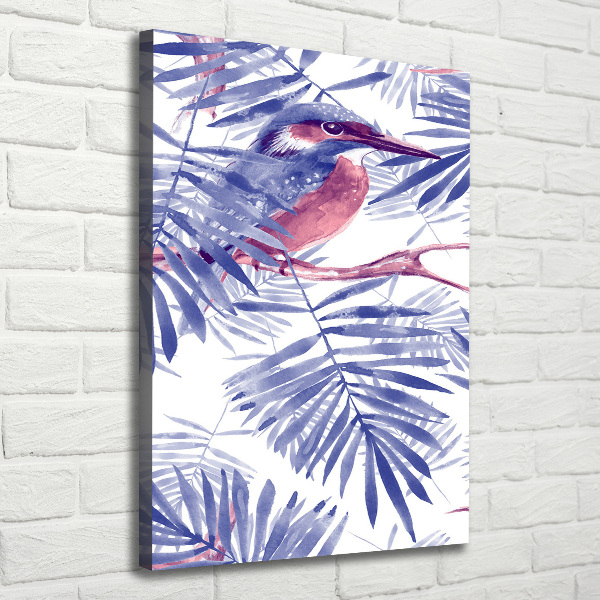 Cuadro canvas decorativo para salón vertical Hojas de palma y un pájaro.
