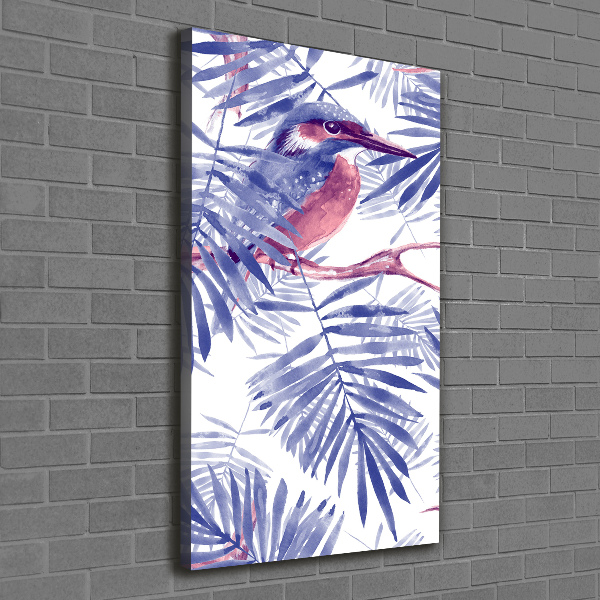 Cuadro canvas decorativo para salón vertical Hojas de palma y un pájaro.