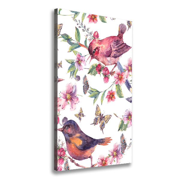 Fotografía en lienzo vertical Pájaros mariposas flores