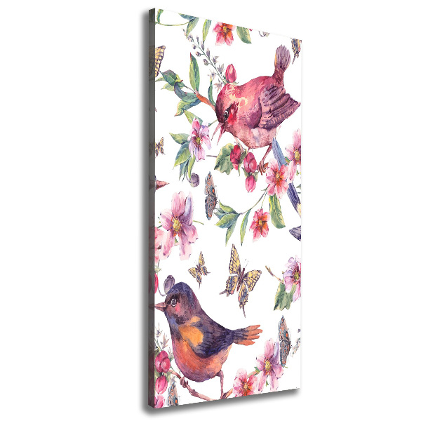 Fotografía en lienzo vertical Pájaros mariposas flores