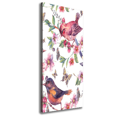 Fotografía en lienzo vertical Pájaros mariposas flores