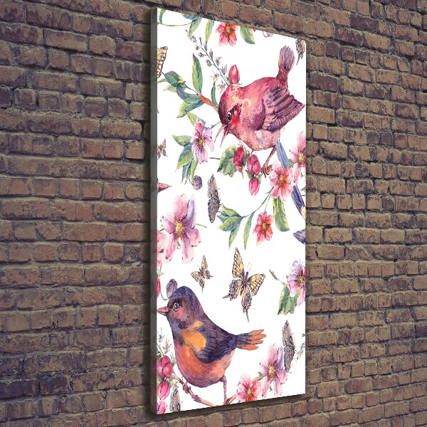 Fotografía en lienzo vertical Pájaros mariposas flores