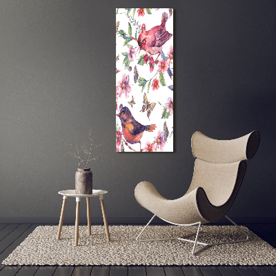 Fotografía en lienzo vertical Pájaros mariposas flores