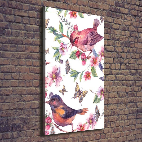 Fotografía en lienzo vertical Pájaros mariposas flores