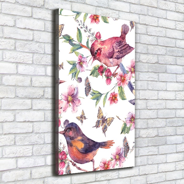 Fotografía en lienzo vertical Pájaros mariposas flores