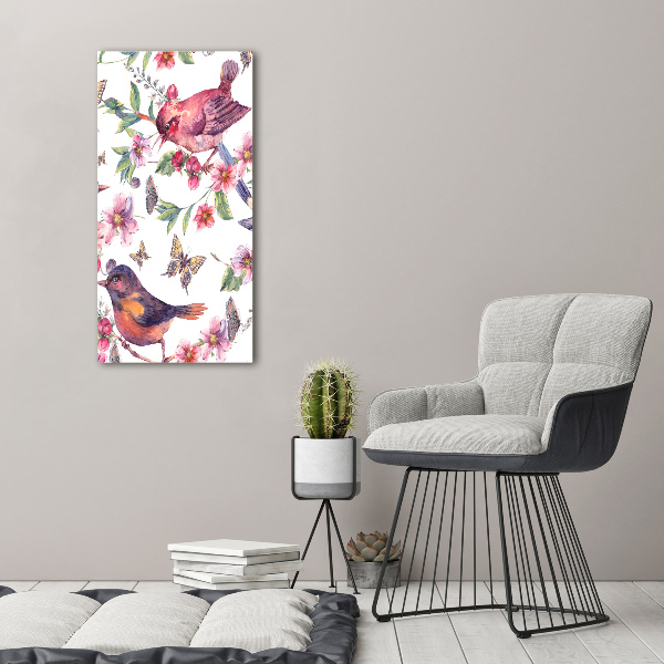 Fotografía en lienzo vertical Pájaros mariposas flores