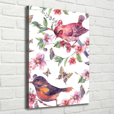 Fotografía en lienzo vertical Pájaros mariposas flores