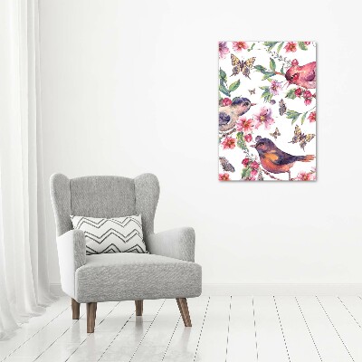 Fotografía en lienzo vertical Pájaros mariposas flores