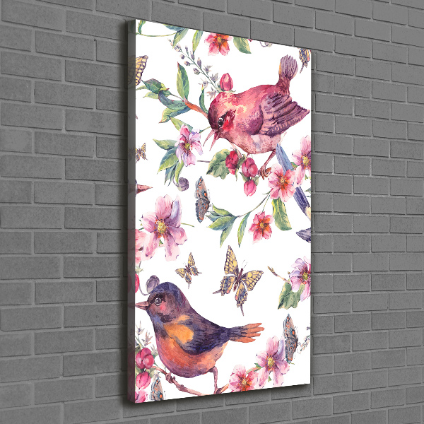 Fotografía en lienzo vertical Pájaros mariposas flores