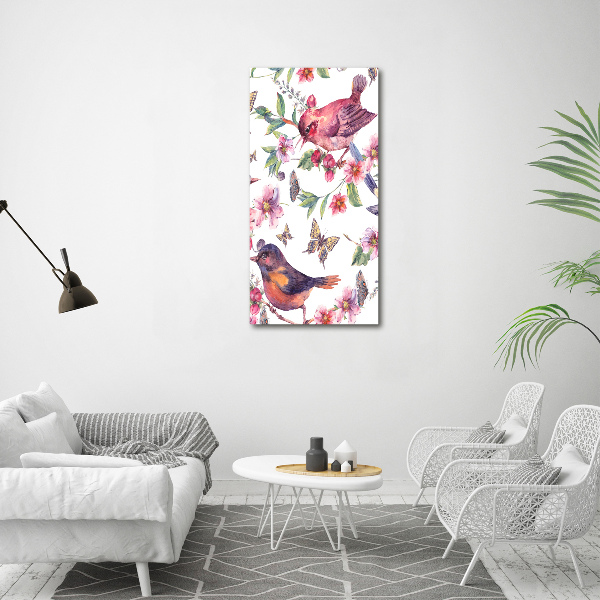Fotografía en lienzo vertical Pájaros mariposas flores