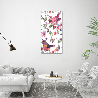 Fotografía en lienzo vertical Pájaros mariposas flores