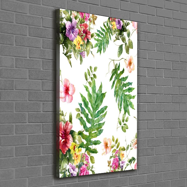 Cuadro canvas decorativo para salón vertical flores tropicales