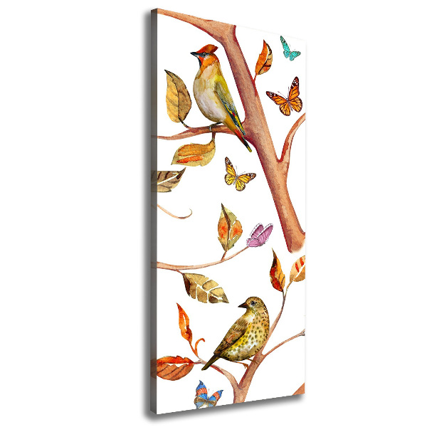 Cuadro canvas decorativo para salón vertical Pájaros mariposas hojas