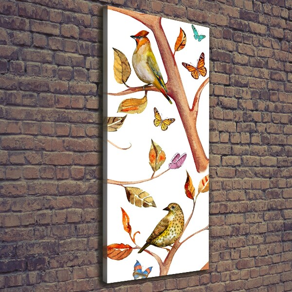 Cuadro canvas decorativo para salón vertical Pájaros mariposas hojas