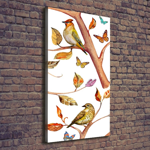 Cuadro canvas decorativo para salón vertical Pájaros mariposas hojas
