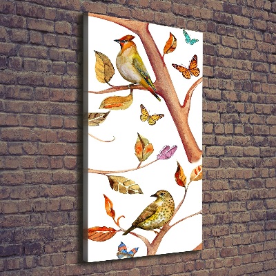 Cuadro canvas decorativo para salón vertical Pájaros mariposas hojas