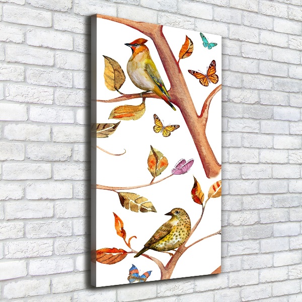 Cuadro canvas decorativo para salón vertical Pájaros mariposas hojas