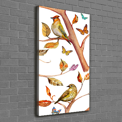 Cuadro canvas decorativo para salón vertical Pájaros mariposas hojas