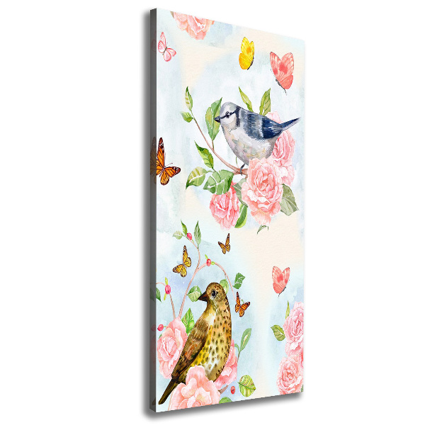 Cuadro moderno en lienzo resistente uv vertical Pájaros mariposas rosas