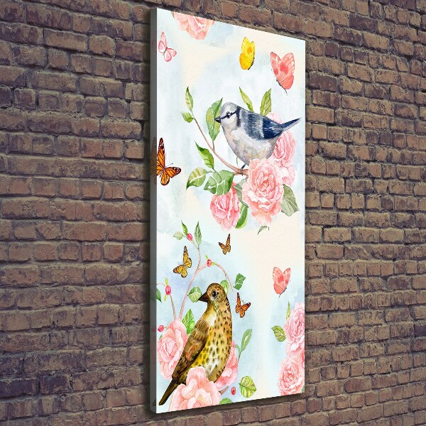 Cuadro moderno en lienzo resistente uv vertical Pájaros mariposas rosas