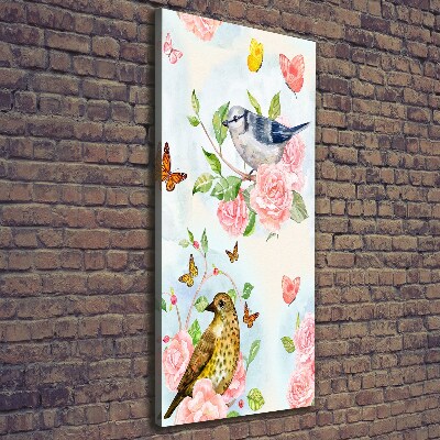 Cuadro moderno en lienzo resistente uv vertical Pájaros mariposas rosas