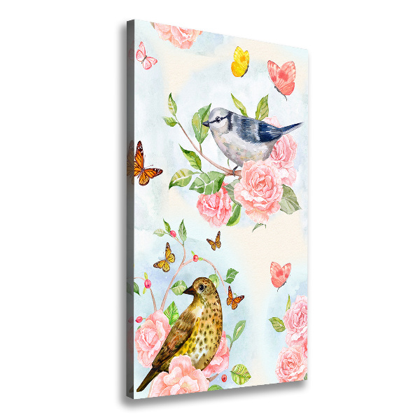 Cuadro moderno en lienzo resistente uv vertical Pájaros mariposas rosas