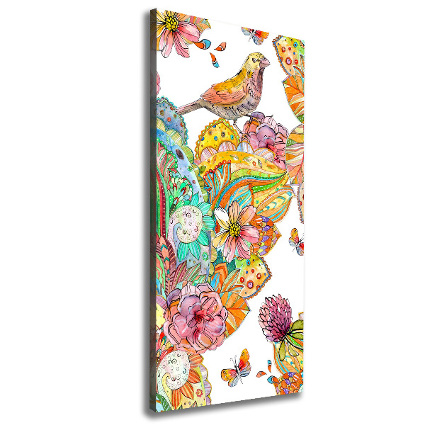Cuadro canvas decorativo para salón vertical Pájaros mariposas flores
