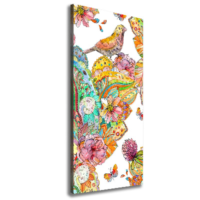 Cuadro canvas decorativo para salón vertical Pájaros mariposas flores