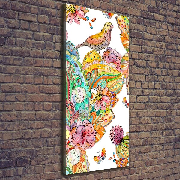 Cuadro canvas decorativo para salón vertical Pájaros mariposas flores