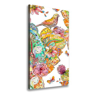 Cuadro canvas decorativo para salón vertical Pájaros mariposas flores