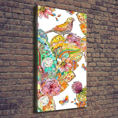 Cuadro canvas decorativo para salón vertical Pájaros mariposas flores