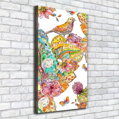 Cuadro canvas decorativo para salón vertical Pájaros mariposas flores