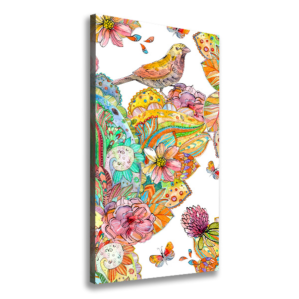 Cuadro canvas decorativo para salón vertical Pájaros mariposas flores