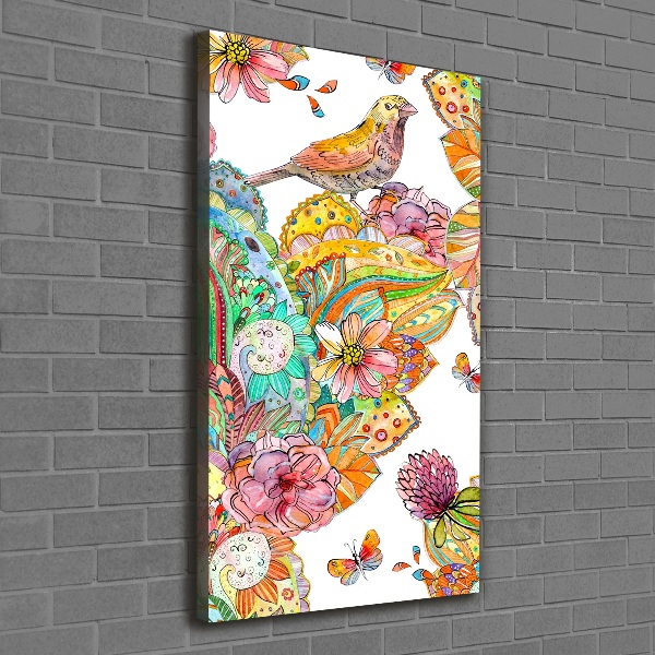 Cuadro canvas decorativo para salón vertical Pájaros mariposas flores