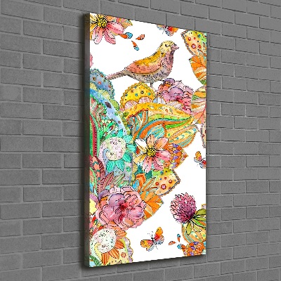 Cuadro canvas decorativo para salón vertical Pájaros mariposas flores