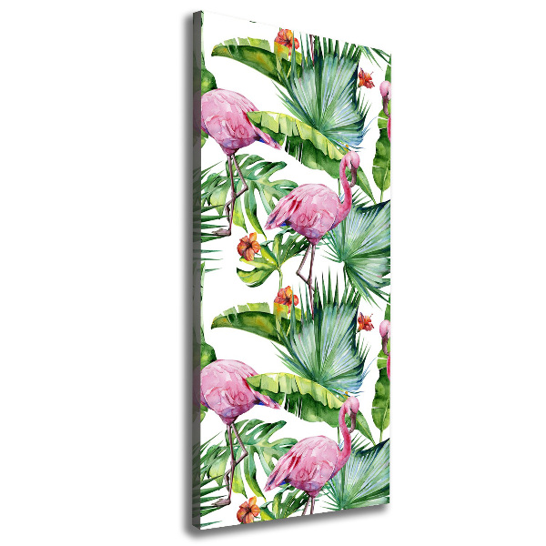 Cuadro canvas decorativo para salón vertical Hojas y flamencos