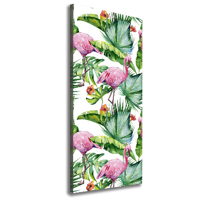 Cuadro canvas decorativo para salón vertical Hojas y flamencos